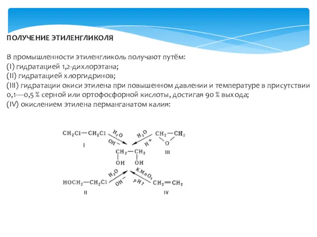 ПОЛУЧЕНИЕ ЭТИЛЕНГЛИКОЛЯ В промышленности этиленгликоль получают путём: (I) гидратацией 1,2-дихлорэтана;