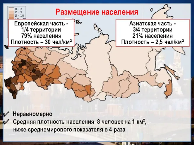 Размещение населения Неравномерно Средняя плотность населения 8 человек на 1