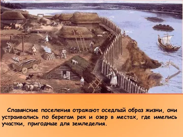 Славянские поселения отражают оседлый образ жизни, они устраивались по берегам