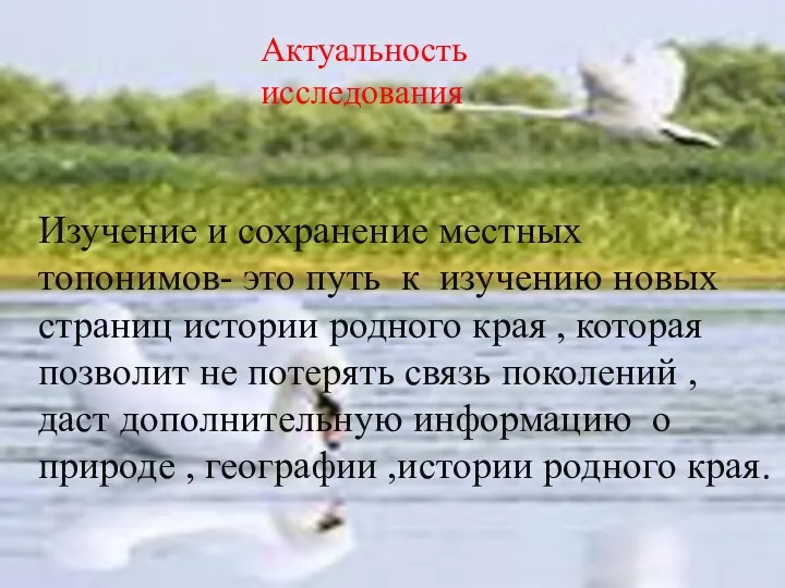 Актуальность исследования Изучение и сохранение местных топонимов- это путь к