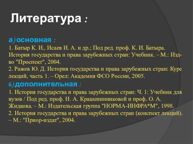 Литература : а) основная : 1. Батыр К. И., Исаев