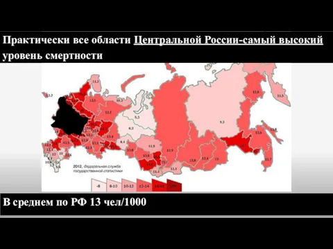 Практически все области Центральной России-самый высокий уровень смертности В среднем по РФ 13 чел/1000