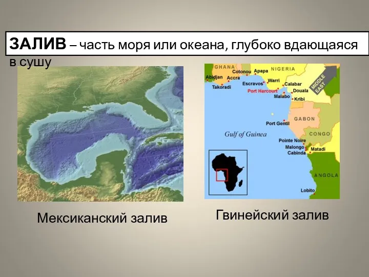 Мексиканский залив Гвинейский залив ЗАЛИВ – часть моря или океана, глубоко вдающаяся в сушу