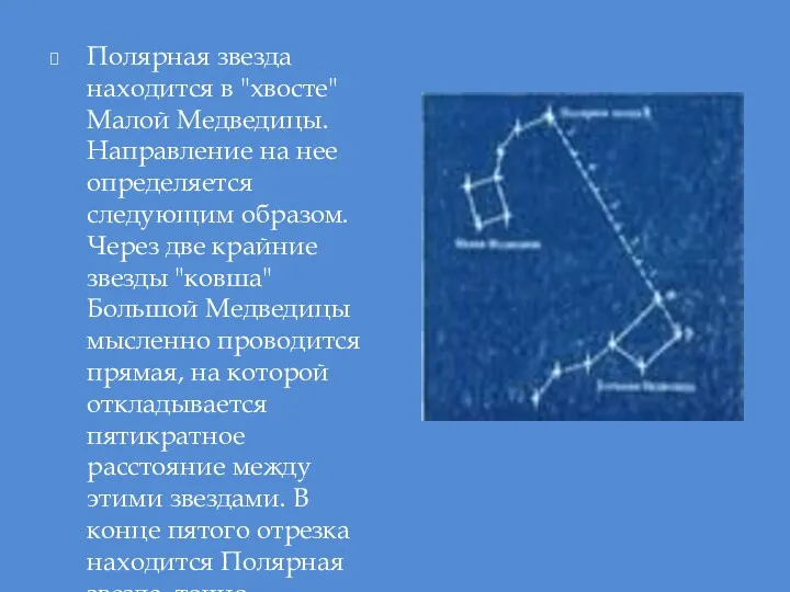 Полярная звезда находится в "хвосте" Малой Медведицы. Направление на нее