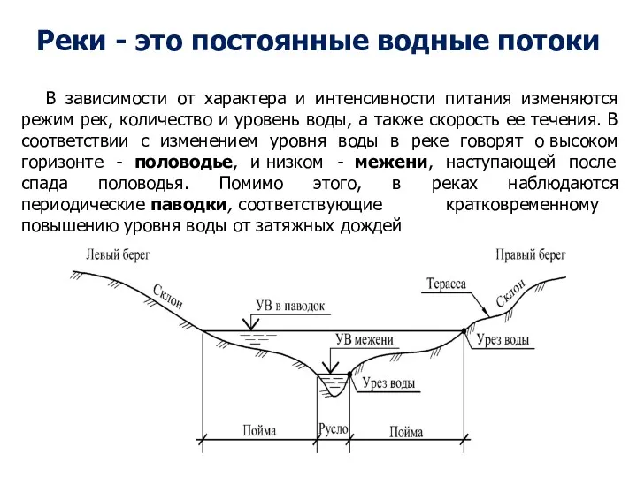 Реки - это постоянные водные потоки В зависимости от характера