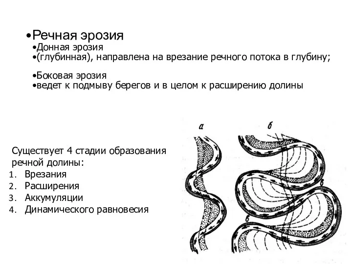 Речная эрозия Донная эрозия (глубинная), направлена на врезание речного потока