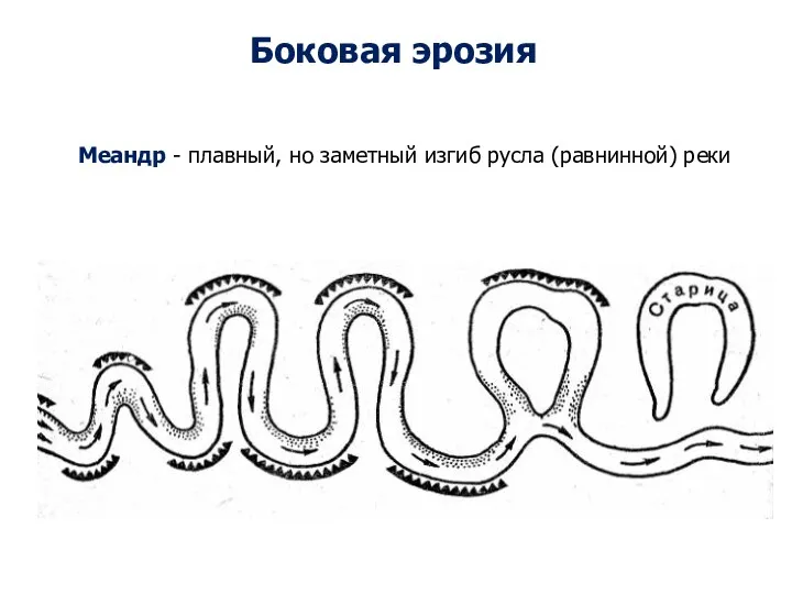 Боковая эрозия Меандр - плавный, но заметный изгиб русла (равнинной) реки