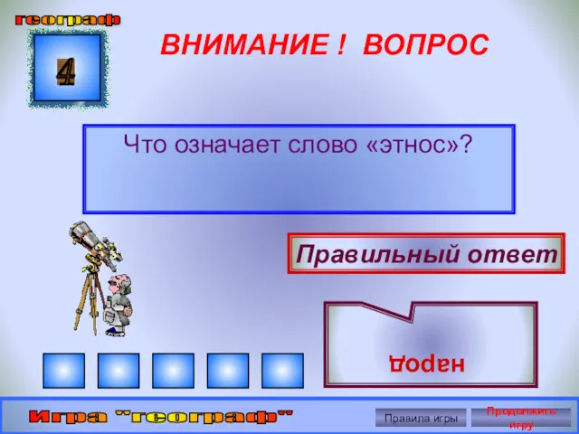 ВНИМАНИЕ ! ВОПРОС Что означает слово «этнос»? 4 Правильный ответ