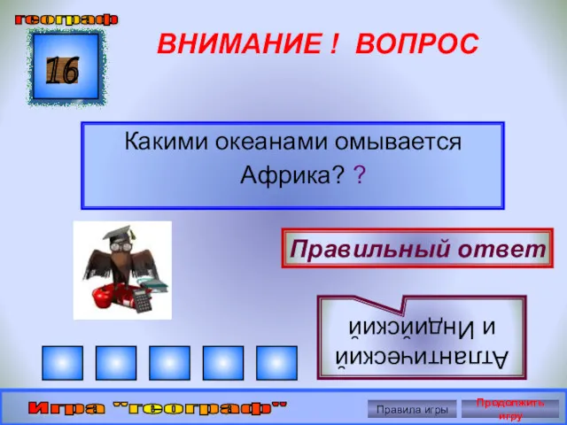 ВНИМАНИЕ ! ВОПРОС Какими океанами омывается Африка? ? 16 Правильный