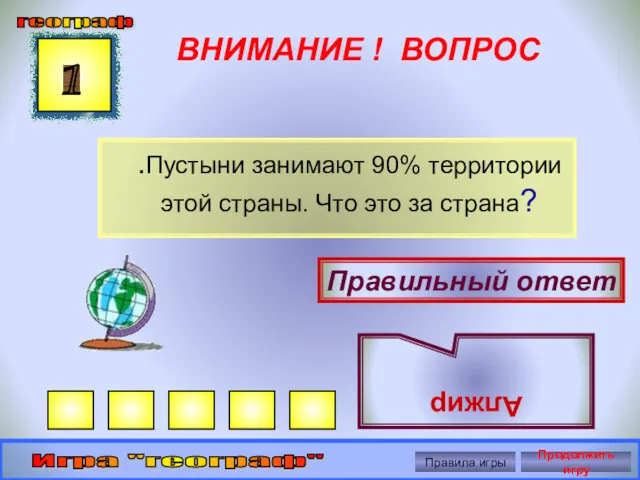 ВНИМАНИЕ ! ВОПРОС .Пустыни занимают 90% территории этой страны. Что