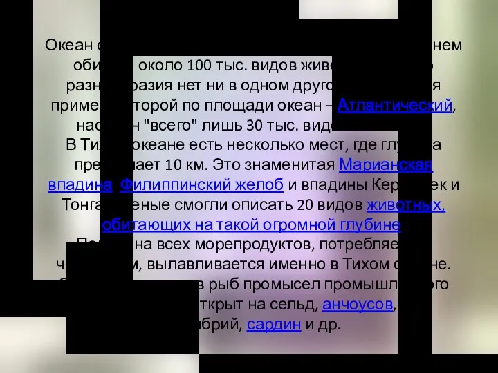 Океан славиться богатейшей флорой и фауной. В нем обитает около