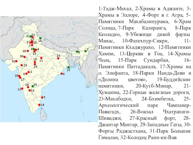 1-Тадж-Махал, 2-Храмы в Аджанте, 3-Храмы в Эллоре, 4-Форт в г.