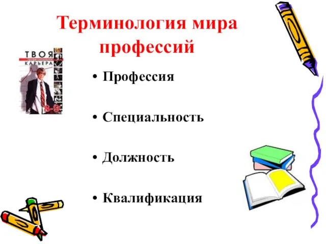 Терминология мира профессий Профессия Специальность Должность Квалификация