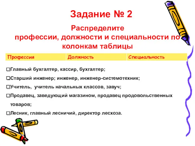 Задание № 2 Распределите профессии, должности и специальности по колонкам таблицы Главный бухгалтер,