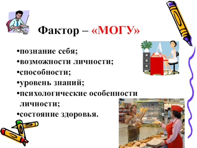 Фактор – «МОГУ» познание себя; возможности личности; способности; уровень знаний; психологические особенности личности; состояние здоровья.