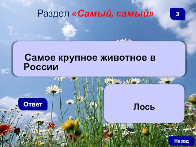 Самое крупное животное в России Ответ Раздел «Самый, самый» Лось Назад 3