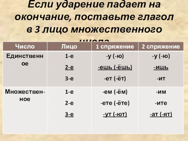 Если ударение падает на окончание, поставьте глагол в 3 лицо множественного числа