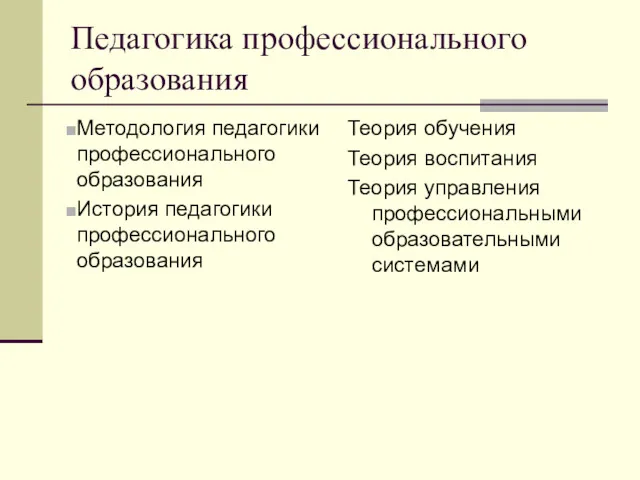 Педагогика профессионального образования Методология педагогики профессионального образования История педагогики профессионального