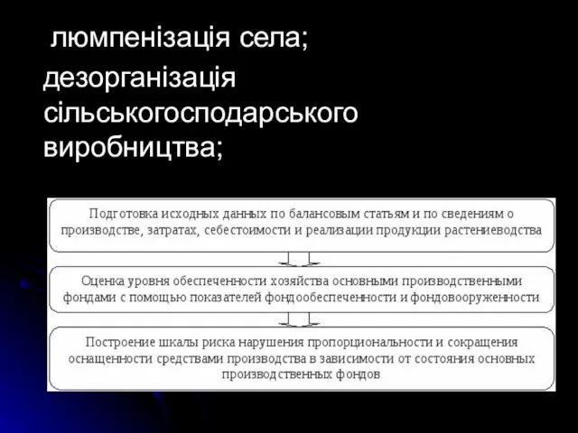 люмпенізація села; дезорганізація сільськогосподарського виробництва;