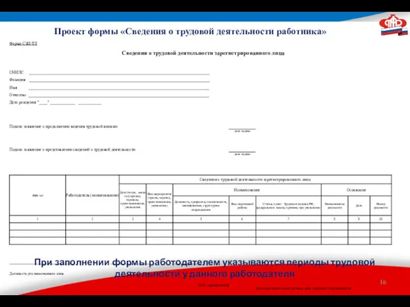 Проект формы «Сведения о трудовой деятельности работника» При заполнении формы