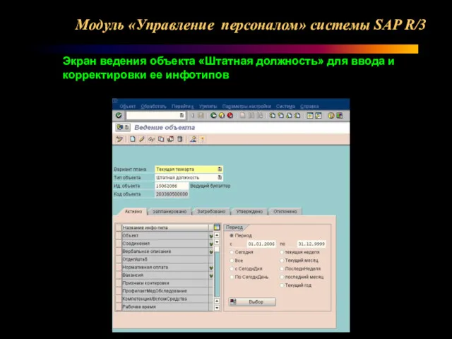Модуль «Управление персоналом» системы SAP R/3 ». Экран ведения объекта «Штатная должность» для