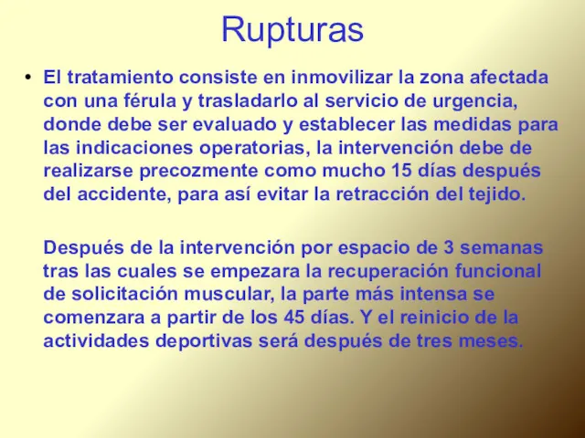 Rupturas El tratamiento consiste en inmovilizar la zona afectada con