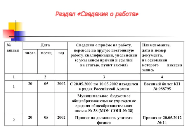 Раздел «Сведения о работе»