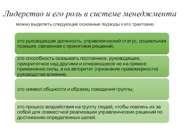 Лидерство и его роль в системе менеджмента можно выделить следующие основные подходы к его трактовке: