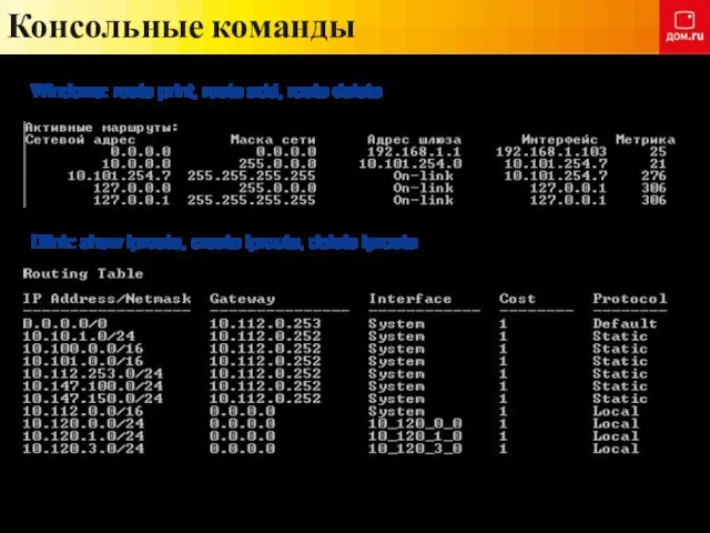 Консольные команды Windows: route print, route add, route delete Dlink: show iproute, create iproute, delete iproute