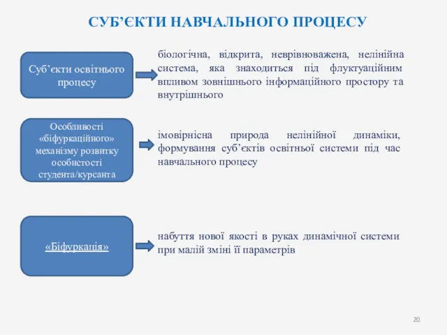 СУБ’ЄКТИ НАВЧАЛЬНОГО ПРОЦЕСУ Суб’єкти освітнього процесу Особливості «біфуркаційного» механізму розвитку