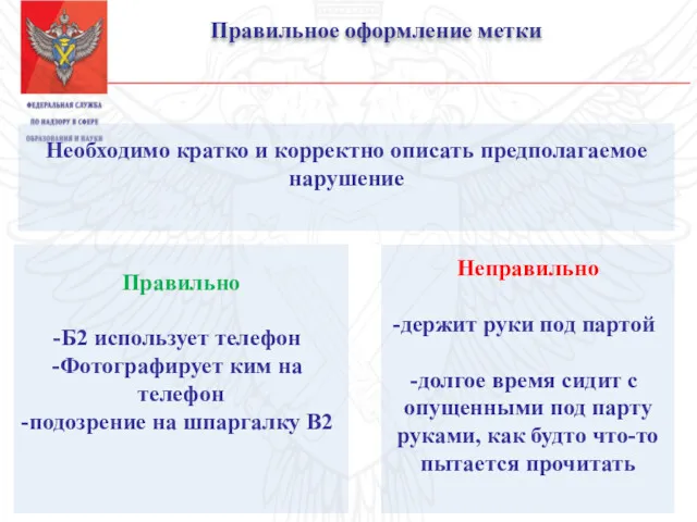 Правильное оформление метки Необходимо кратко и корректно описать предполагаемое нарушение