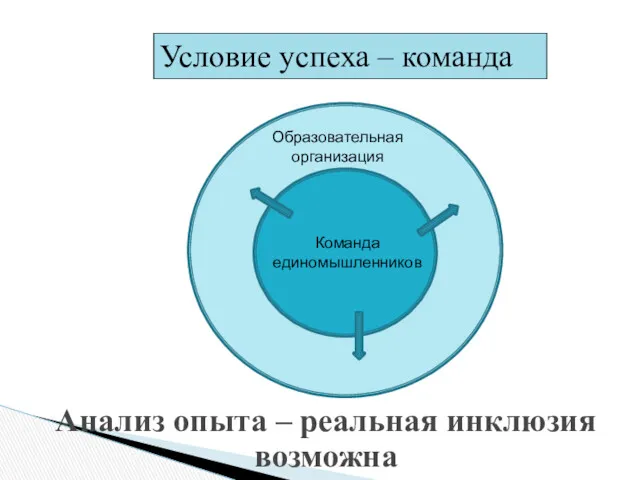 Условие успеха – команда Образовательная организация Команда единомышленников Анализ опыта – реальная инклюзия возможна