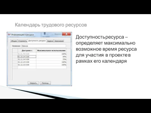 Календарь трудового ресурсов Доступность ресурса – определяет максимально возможное время