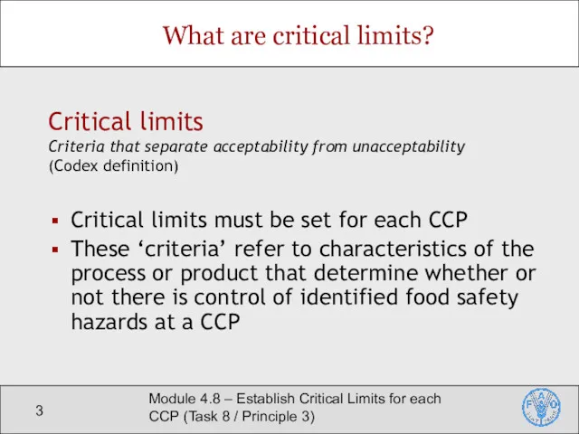 Module 4.8 – Establish Critical Limits for each CCP (Task