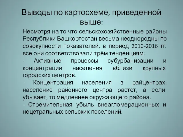 Выводы по картосхеме, приведенной выше: Несмотря на то что сельскохозяйственные районы Республики Башкортостан