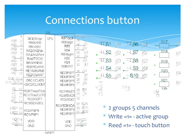 2 groups 5 channels Write «1» - active group Reed «1» - touch button Connections button