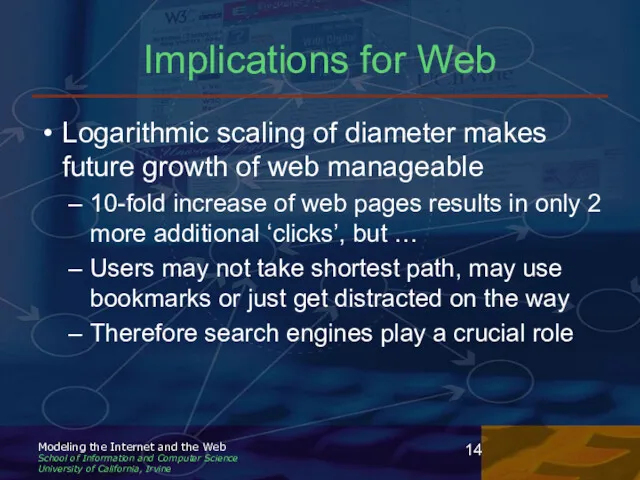 Implications for Web Logarithmic scaling of diameter makes future growth