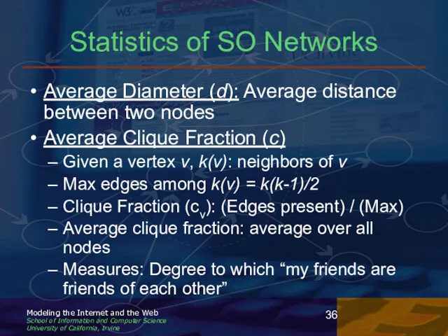 Statistics of SO Networks Average Diameter (d): Average distance between