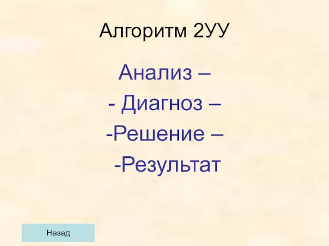 Алгоритм 2УУ Анализ – - Диагноз – -Решение – -Результат Назад