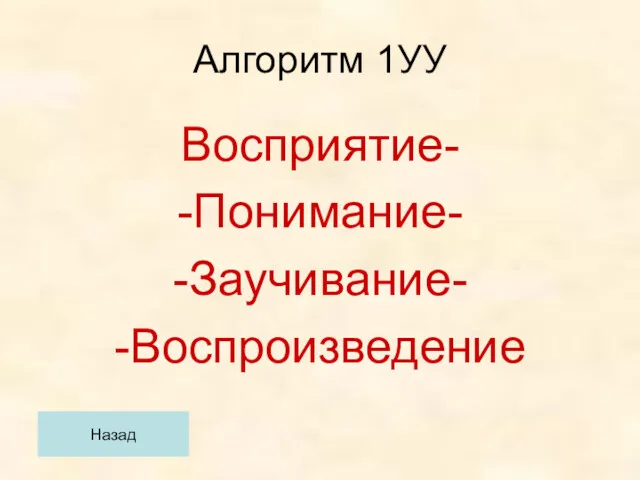 Алгоритм 1УУ Восприятие- -Понимание- -Заучивание- -Воспроизведение Назад