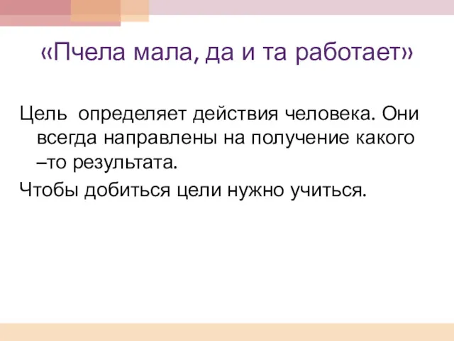 «Пчела мала, да и та работает» Цель определяет действия человека.