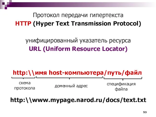 Протокол передачи гипертекста HTTP (Hyper Text Transmission Protocol) унифицированный указатель