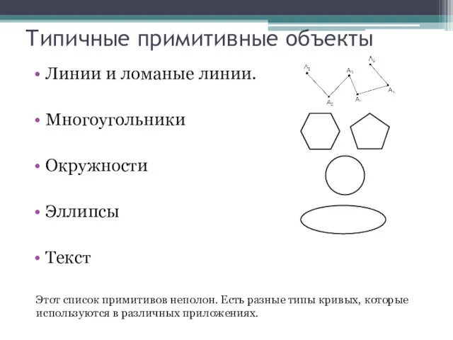 Типичные примитивные объекты Линии и ломаные линии. Многоугольники Окружности Эллипсы