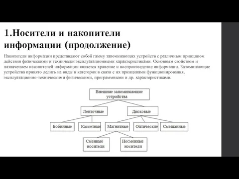 1.Носители и накопители информации (продолжение) Накопители информации представляют собой гамму