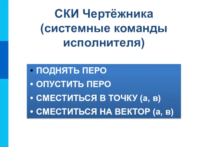 ПОДНЯТЬ ПЕРО ОПУСТИТЬ ПЕРО СМЕСТИТЬСЯ В ТОЧКУ (а, в) СМЕСТИТЬСЯ