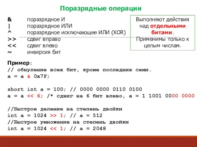 Выполняют действия над отдельными битами. Применимы только к целым числам.