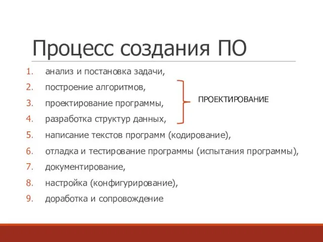 Процесс создания ПО анализ и постановка задачи, построение алгоритмов, проектирование