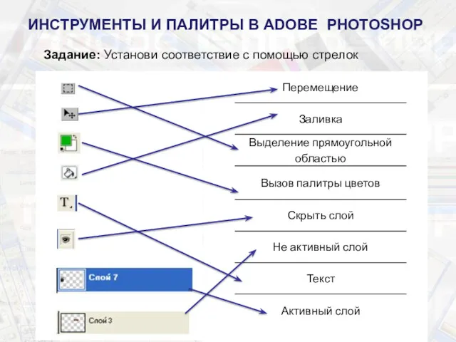 ИНСТРУМЕНТЫ И ПАЛИТРЫ В АDОBЕ PHOTOSHOP Задание: Установи соответствие с помощью стрелок