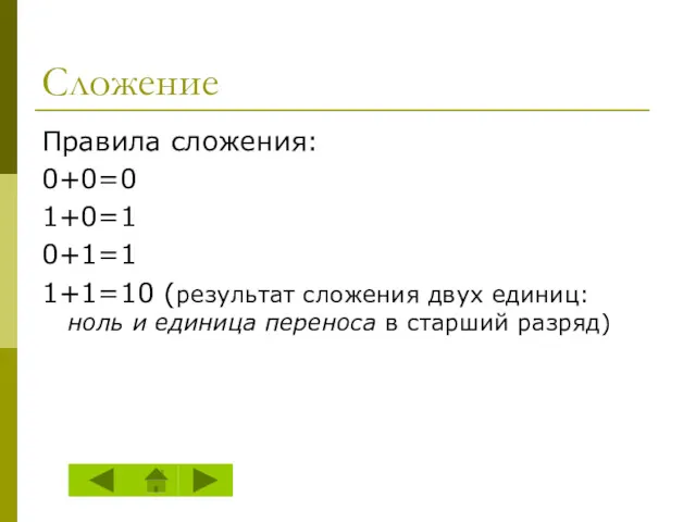 Сложение Правила сложения: 0+0=0 1+0=1 0+1=1 1+1=10 (результат сложения двух