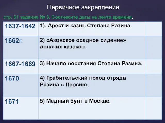 Первичное закрепление стр. 61 задание № 3. Соотнесите даты на ленте времени.